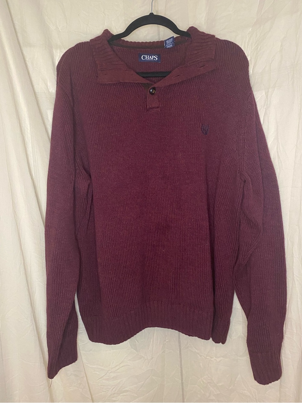 Chaps half button front sweater patchwork elbow burgundy szXL